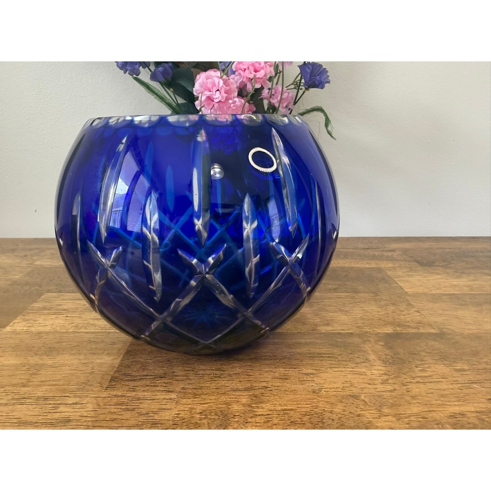 Vintage Cobalt Blue Cut Glass‎ Bowl Large Crystal Starburst Vase Bohemian Style